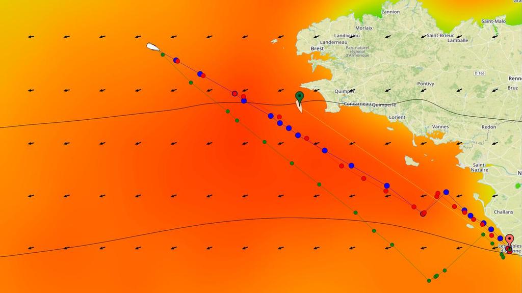 Hugo Boss - Final approach options for the finish at Les Sables - Predictwind - 2016/17  Vendee Globe. The Green pinned boat is race leader Banque Populaire VIII at at 0400UTC on Thursday January 19, 2017 © PredictWind http://www.predictwind.com